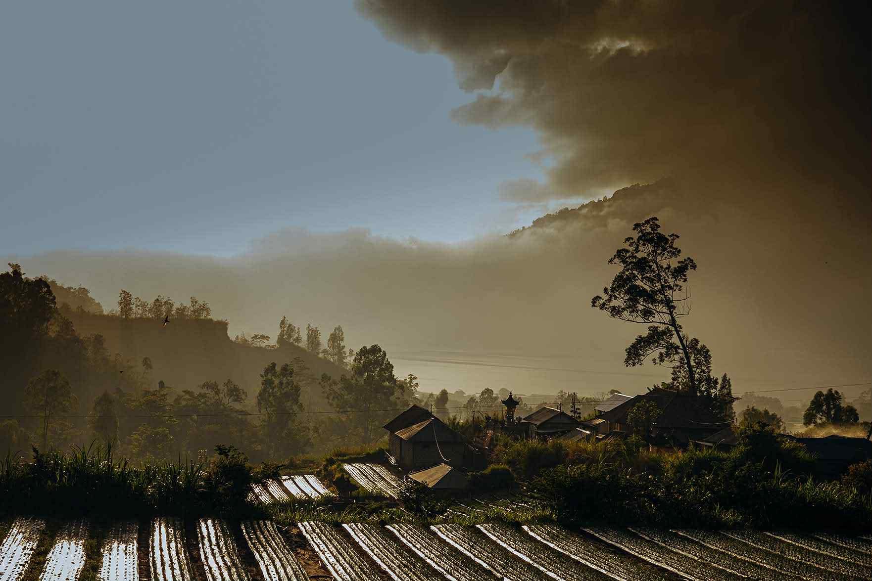 Dawn over terraces and a mountain village